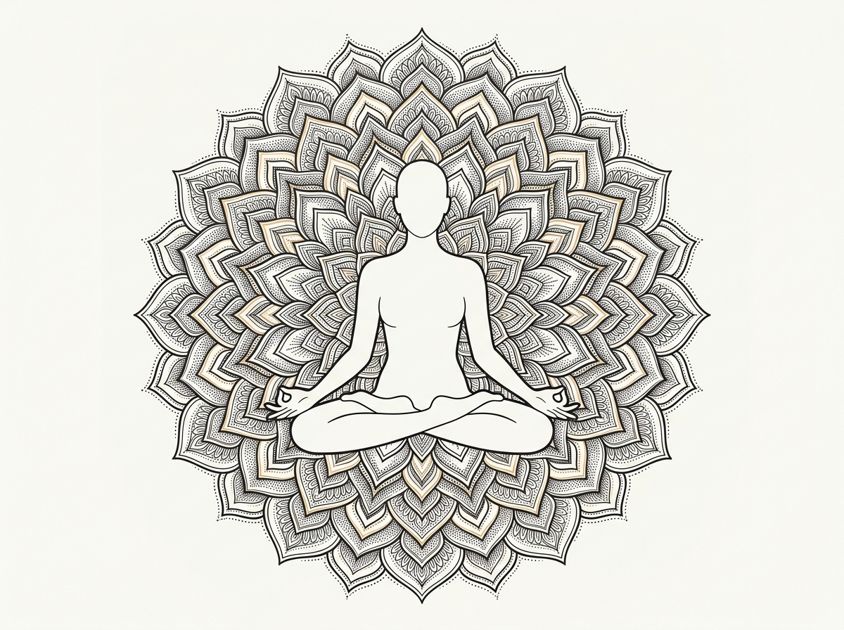 A meditator at the centre of a detailed mandala, the layered field of the aura