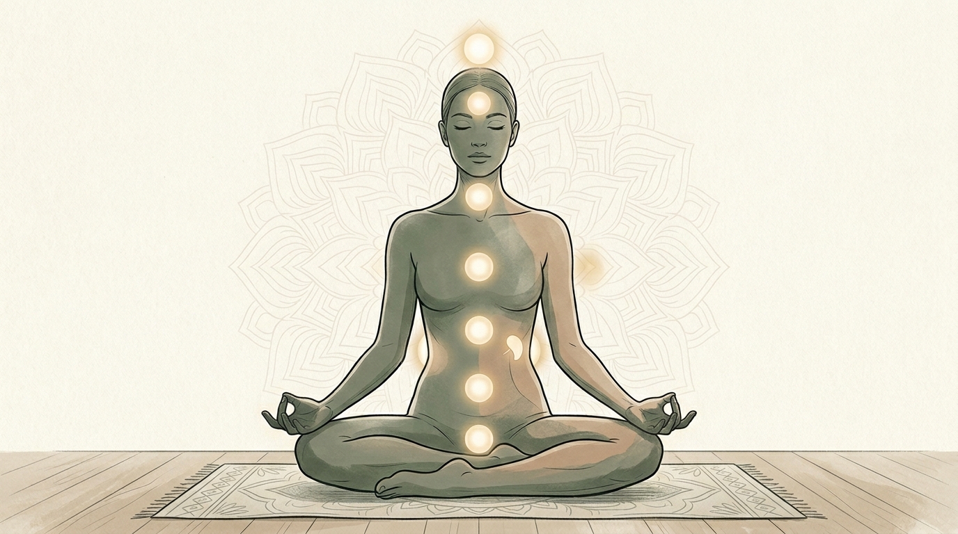 The seven chakras illustrated along the body in meditation