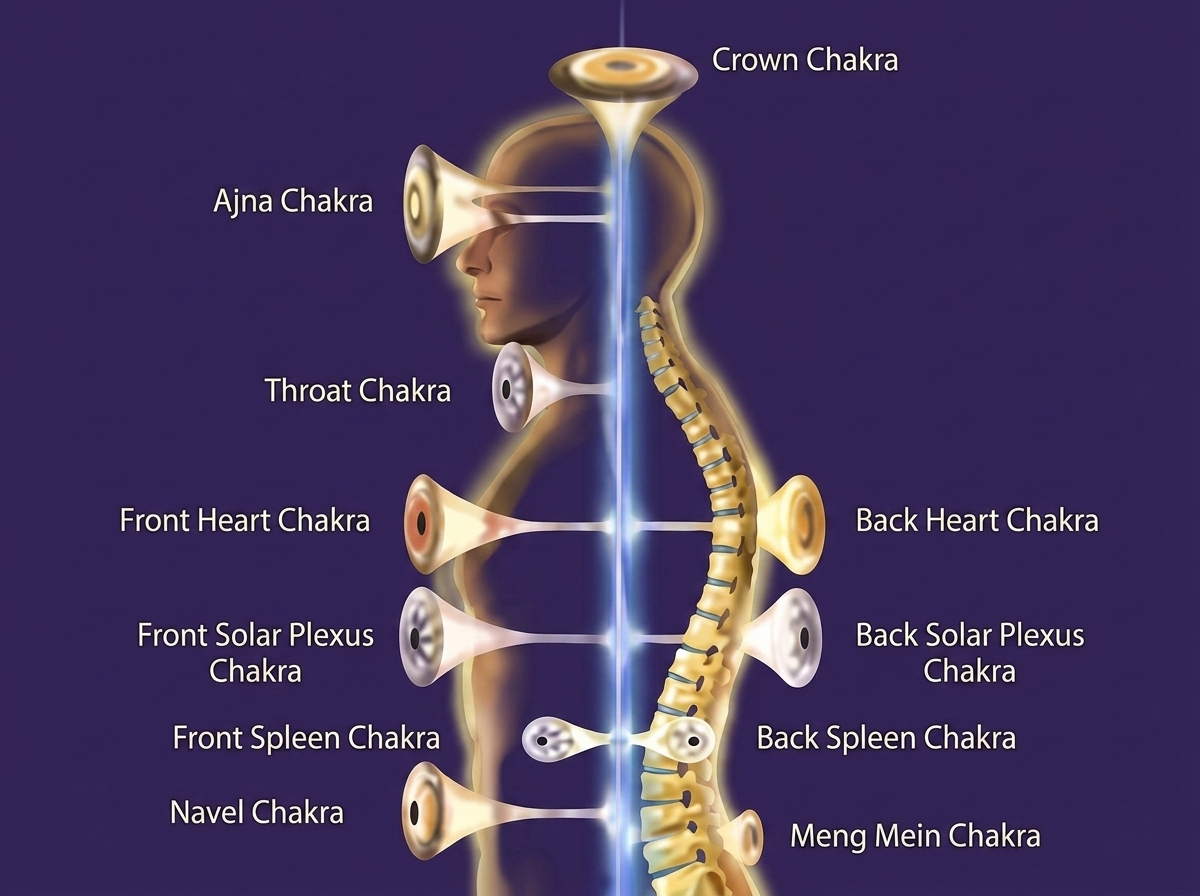 The major chakras along the body, labelled: Crown, Ajna, Throat, Heart, Solar Plexus, Spleen, Navel, Meng Mein